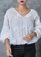 Load image into Gallery viewer, Elegant White V Neck Floral Knit Shirts Spring