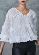 Load image into Gallery viewer, Elegant White V Neck Floral Knit Shirts Spring