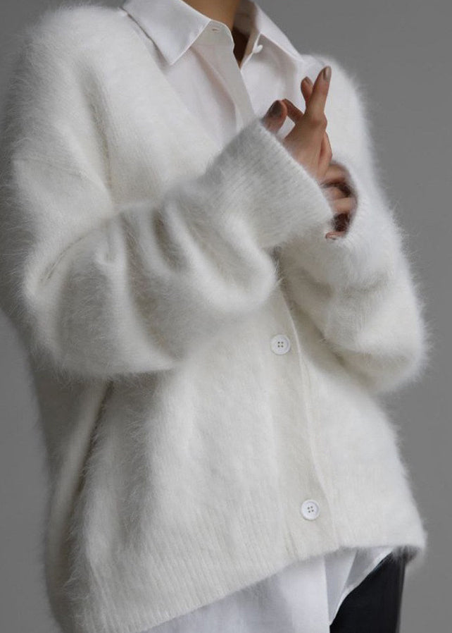 Elegant White V Neck Mink Hair Knitted Cardigan Fall