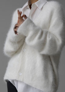 Elegant White V Neck Mink Hair Knitted Cardigan Fall