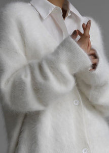 Elegant White V Neck Mink Hair Knitted Cardigan Fall