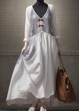 Load image into Gallery viewer, Elegant White V Neck Patchwork Silk Dresses Long Sleeve