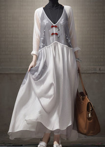 Elegant White V Neck Patchwork Silk Dresses Long Sleeve