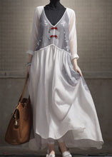 Load image into Gallery viewer, Elegant White V Neck Patchwork Silk Dresses Long Sleeve