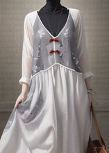 Load image into Gallery viewer, Elegant White V Neck Patchwork Silk Dresses Long Sleeve