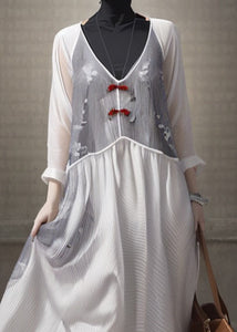 Elegant White V Neck Patchwork Silk Dresses Long Sleeve