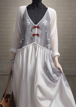 Load image into Gallery viewer, Elegant White V Neck Patchwork Silk Dresses Long Sleeve