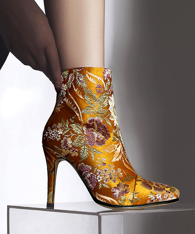 Elegant Yellow Embroidered Zippered Silk Velour High Heel Ankle Boots