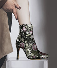 Load image into Gallery viewer, Elegant Yellow Embroidered Zippered Silk Velour High Heel Ankle Boots