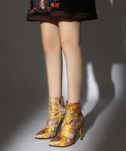 Load image into Gallery viewer, Elegant Yellow Embroidered Zippered Silk Velour High Heel Ankle Boots