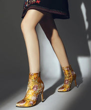 Load image into Gallery viewer, Elegant Yellow Embroidered Zippered Silk Velour High Heel Ankle Boots