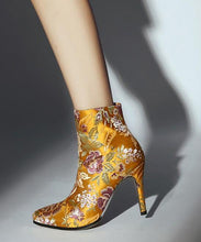 Load image into Gallery viewer, Elegant Yellow Embroidered Zippered Silk Velour High Heel Ankle Boots