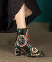 Load image into Gallery viewer, Elegant Yellow Embroidered Zircon Satin Chunky Ankle Boots