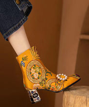 Load image into Gallery viewer, Elegant Yellow Embroidered Zircon Satin Chunky Ankle Boots