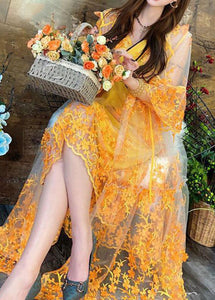 Elegant Yellow Hooded Embroidered Patchwork Tulle Two Pieces Set Summer