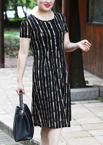 Elegant Yellow O-Neck Striped Long Dress Short Sleeve