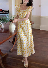 Load image into Gallery viewer, Elegant Yellow Ruffled Print Cotton Long Dress Sleeveless