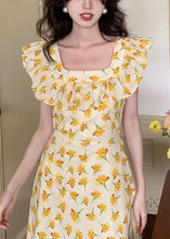 Load image into Gallery viewer, Elegant Yellow Ruffled Print Cotton Long Dress Sleeveless