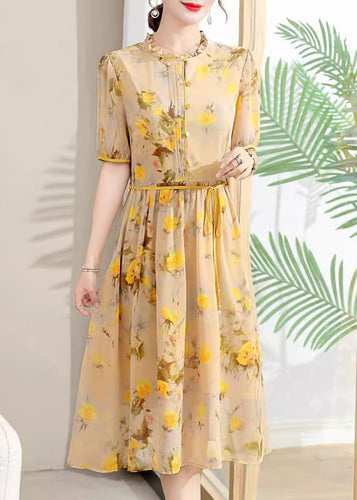 Elegant Yellow Ruffled Print Lace Up Chiffon Dresses Summer