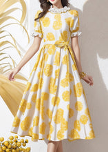 Load image into Gallery viewer, Elegant Yellow Ruffled Print Tie Waist Silk Dress Summer