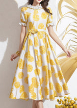 Load image into Gallery viewer, Elegant Yellow Ruffled Print Tie Waist Silk Dress Summer