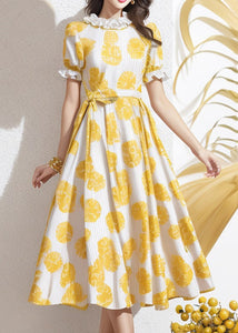 Elegant Yellow Ruffled Print Tie Waist Silk Dress Summer