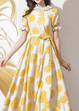 Load image into Gallery viewer, Elegant Yellow Ruffled Print Tie Waist Silk Dress Summer