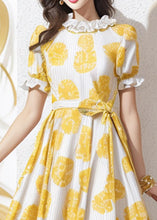 Load image into Gallery viewer, Elegant Yellow Ruffled Print Tie Waist Silk Dress Summer