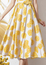 Load image into Gallery viewer, Elegant Yellow Ruffled Print Tie Waist Silk Dress Summer