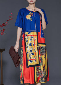 Ethnic Style Blue Oversized Print Silk Dresses Summer