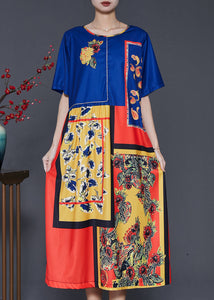 Ethnic Style Blue Oversized Print Silk Dresses Summer