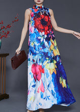 Load image into Gallery viewer, Ethnic Style Peacock Blue Mandarin Collar Print Cotton Dresses Sleeveless