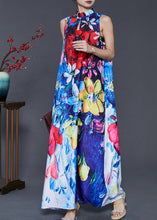 Load image into Gallery viewer, Ethnic Style Peacock Blue Mandarin Collar Print Cotton Dresses Sleeveless