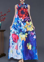 Load image into Gallery viewer, Ethnic Style Peacock Blue Mandarin Collar Print Cotton Dresses Sleeveless