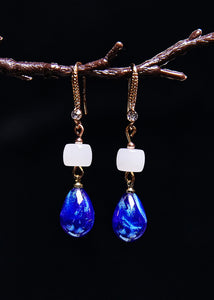 Ethnic Style Peacock Blue Water Droplet Gem Stone Drop Earrings