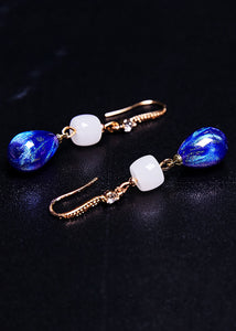 Ethnic Style Peacock Blue Water Droplet Gem Stone Drop Earrings