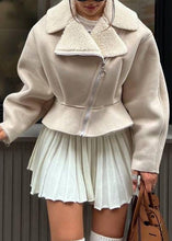 Load image into Gallery viewer, Fashion Beige Peter Pan Collar Patchwork Zippered Faux Suede Coat Fall