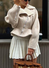 Load image into Gallery viewer, Fashion Beige Peter Pan Collar Patchwork Zippered Faux Suede Coat Fall