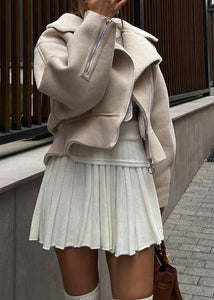 Fashion Beige Peter Pan Collar Patchwork Zippered Faux Suede Coat Fall