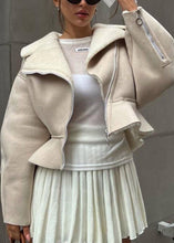 Load image into Gallery viewer, Fashion Beige Peter Pan Collar Patchwork Zippered Faux Suede Coat Fall