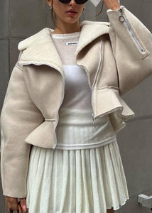 Fashion Beige Peter Pan Collar Patchwork Zippered Faux Suede Coat Fall