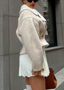 Fashion Beige Peter Pan Collar Patchwork Zippered Faux Suede Coat Fall