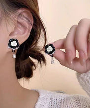 Load image into Gallery viewer, Fashion Black Alloy Pearl Crystal Floral Tassel Drop Earrings