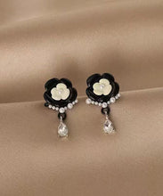 Load image into Gallery viewer, Fashion Black Alloy Pearl Crystal Floral Tassel Drop Earrings