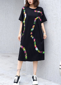 Fashion Black O Neck Print Nail Bead Cotton Dress Summer