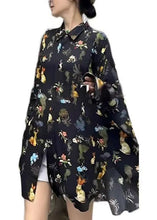 Load image into Gallery viewer, Fashion Black Peter Pan Collar Print Button Chiffon Shirt Long Sleeve