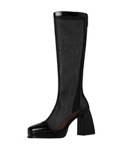 Load image into Gallery viewer, Fashion Black Tulle Splicing Zippered Chunky Heel High Boots