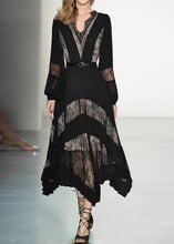 Load image into Gallery viewer, Fashion Black V Neck Lace Patchwork Floral Maxi Dresses Puff Sleeve