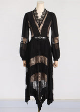 Load image into Gallery viewer, Fashion Black V Neck Lace Patchwork Floral Maxi Dresses Puff Sleeve