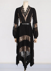 Fashion Black V Neck Lace Patchwork Floral Maxi Dresses Puff Sleeve